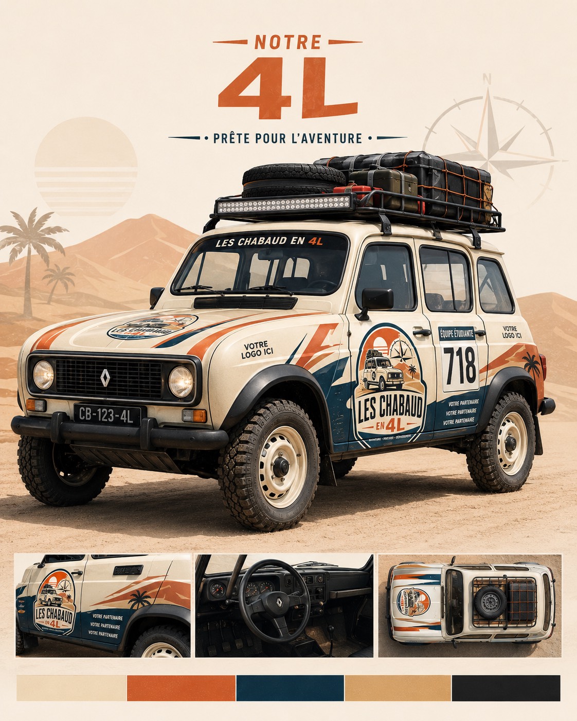 Notre 4L préparée pour le 4L Trophy avec emplacements partenaires